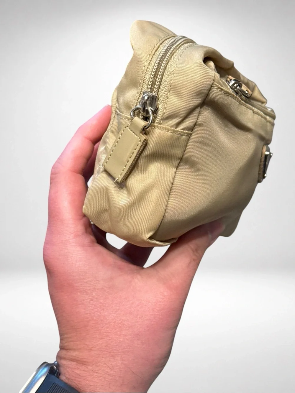 PRADA Authentic Nylon Cosmetic Pouch Beige Zip Makeup Travel Toiletry Bag